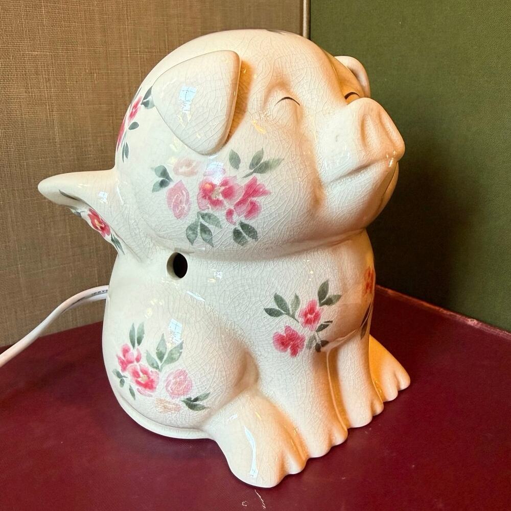 Vintage Winged Pig Lamp • Ceramic • Floral • 5.5”